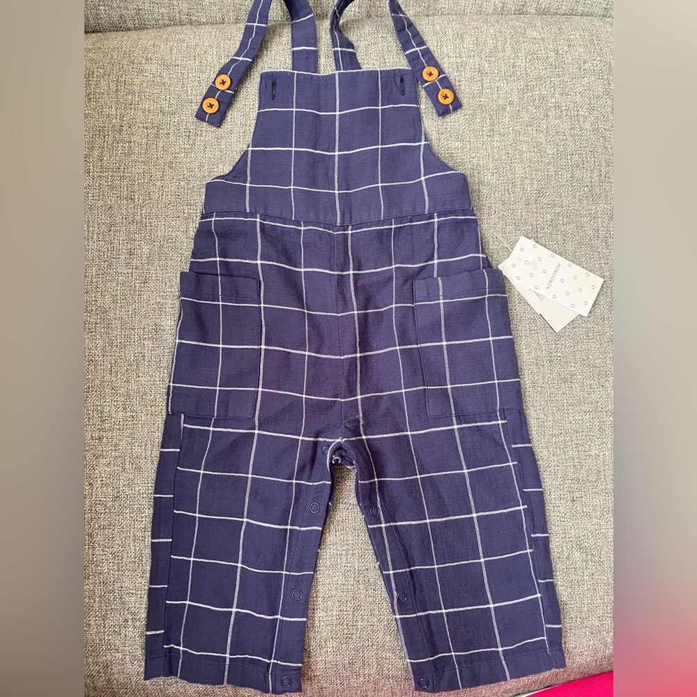 Nordstrom Kids Blue Grid Overalls size 9 months NWT | 100% cotton elastic waist